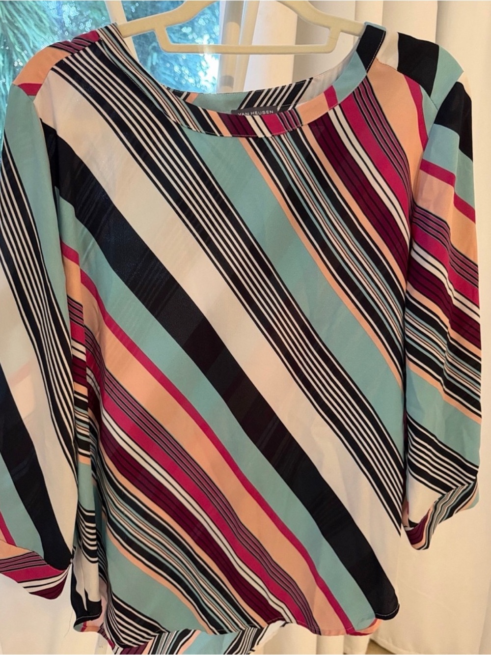 Van Heusen Diagonal Striped Boatneck Blouse in Mint, Black, Pink & Peach